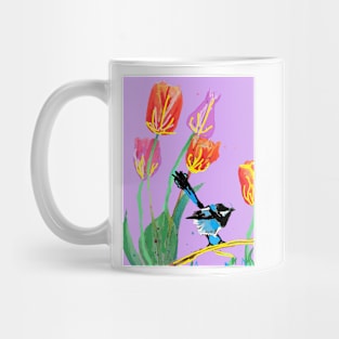 Abstract Blue Wren and Tulips Painting - on Lilac Mug